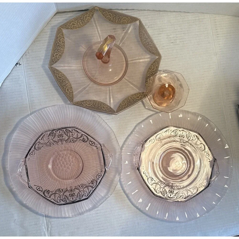 6 PC Pink Depression Glass Cake Plate 2 Sandwich Plates Sterling 2 Lg Pink Frost